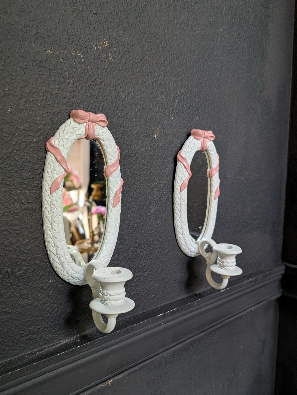 VTG, set of 2,  White Burwood Home Interiors Pink Ribbon Pair of Mirrors Sconce